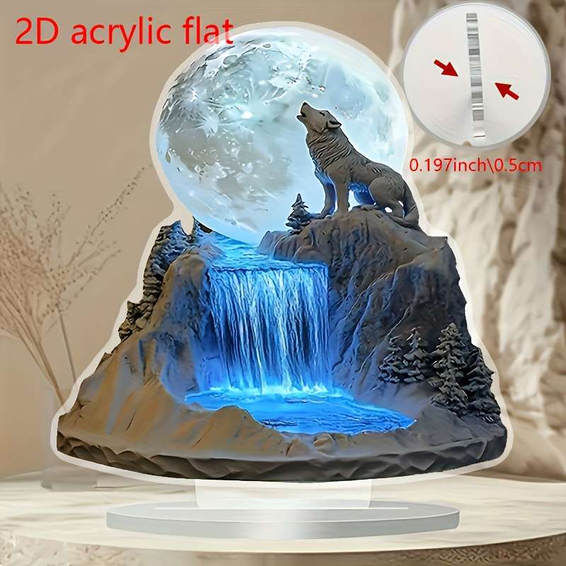 1pc 2D Flat   Bohemian Crystal Desktop Wolf and Full Moon Display 17.02x17.02 cm No Power