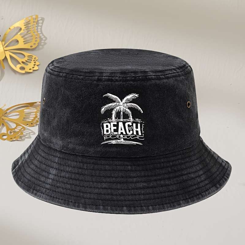 1pc Vintage Washed Grey Beach Bucket Hat with Palm Tree Print Unisex Sun Protection Fisherman Cap