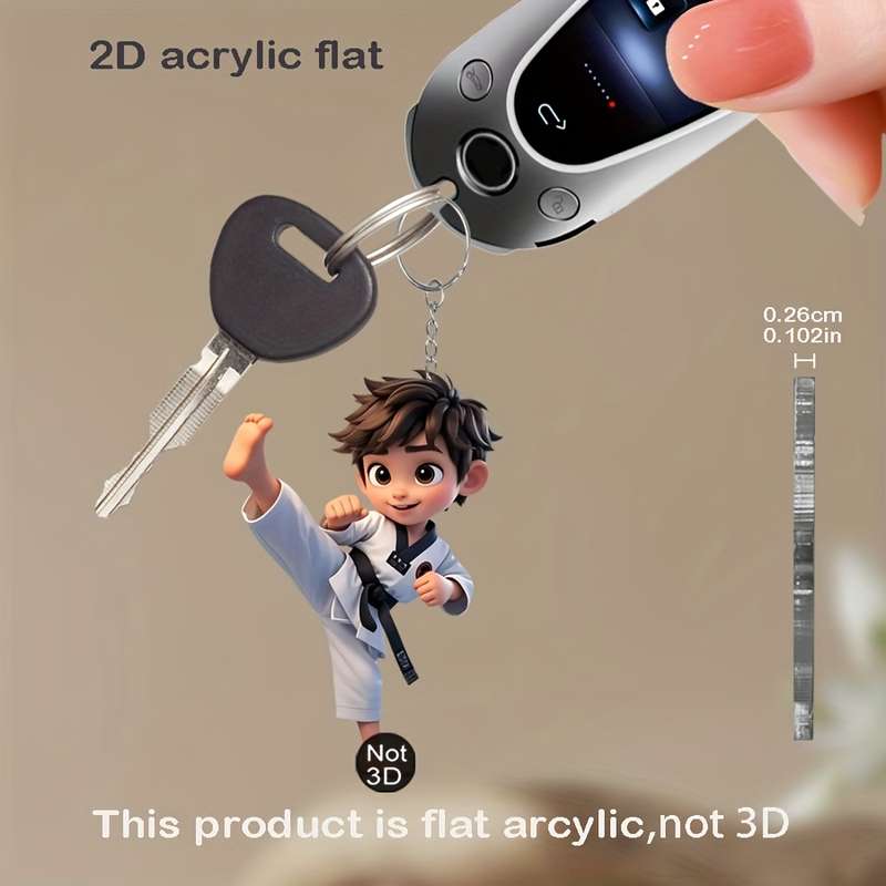 1pc 2D Flat   Taekwondo Martial Arts Cartoon Acrylic Keychain for Men  Design Perfect