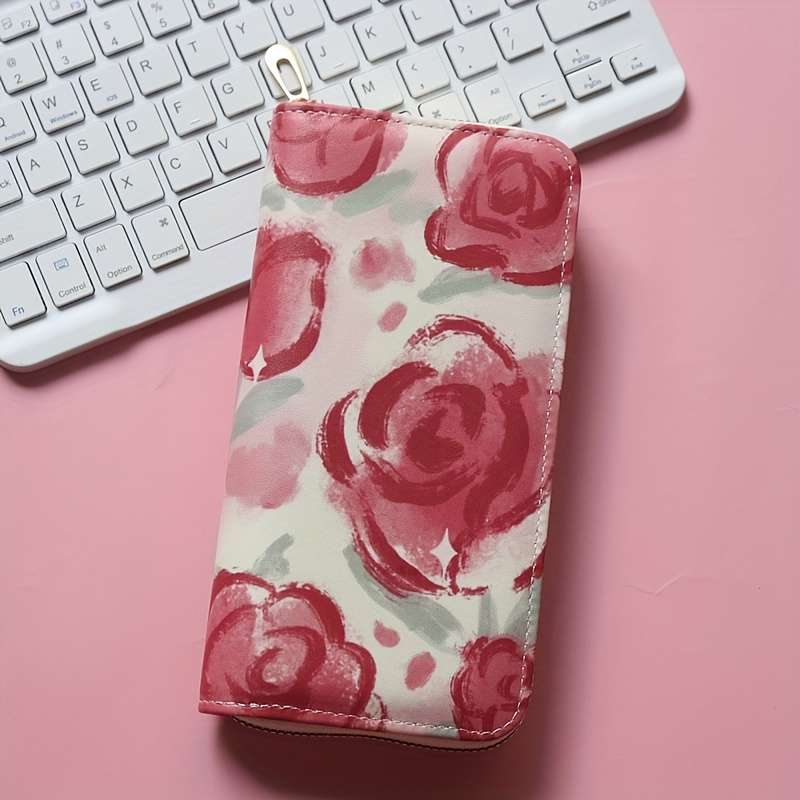 1pc Women'S Floral Print Long Zipper Wallet Large Capacity Synthetic Faux Leather Clutch with Mult