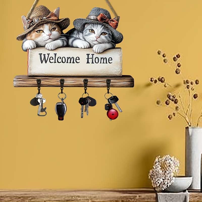 1pc Kitten Welcome Key Hook Simple Colorful Wooden and Home Key Hanger with Four Metal Hooks (11.8