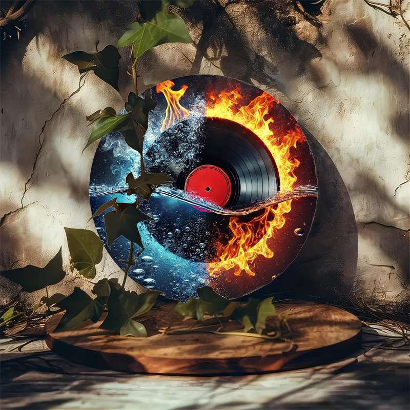 1pc 20cm Fire and Water Vinyl Record Themed Metal Sign Art Set Durable Iron Retro Music Wall Deco