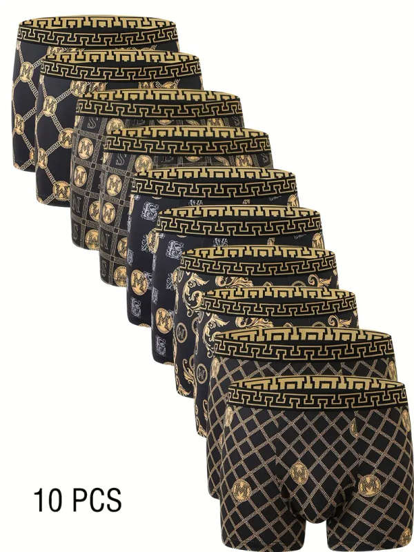 10pcs Men's Boxer Briefs Size M Black and Golden Print High Stretch Polyester Knit Fabric Quick-Dry