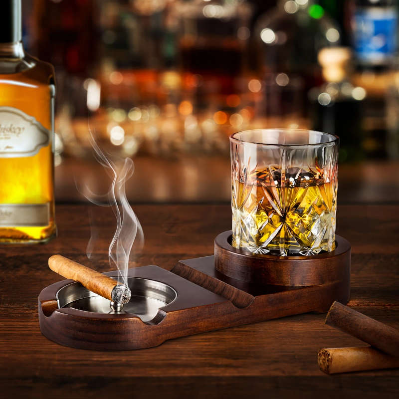 1pc Vintage Wooden Cigar Ashtray with Whiskey Glass Tray Detachable Indoor Outdoor Use Perfect Gift
