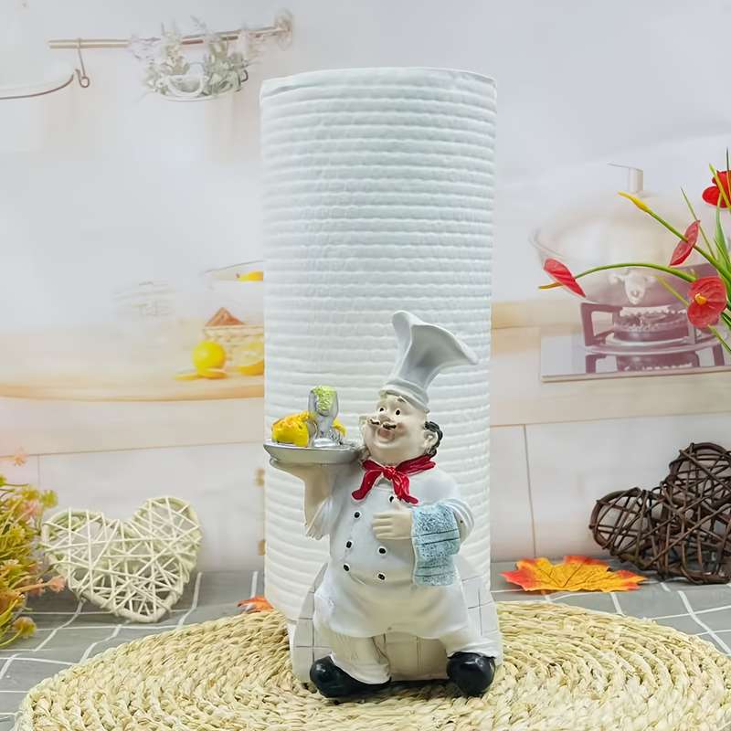 1pc Cartoon Chef Bread-Shaped Paper Towel Holder Resin Kitchen Decor with Red Hat Apron Fu