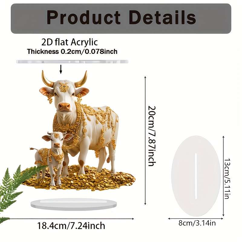 1pc 2D Flat   Boho Style Acrylic Cow Figurine  Animal Theme Tabletop Decor for Home Offi