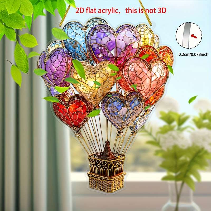 1pc 2D Flat   Elegant Heart-Shaped Hot Air Balloon Acrylic Sun Catcher  Stained Glass Style