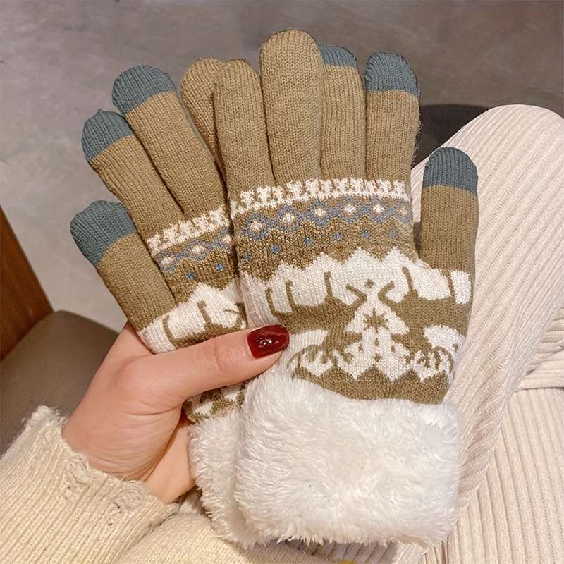 1 Pair Double Layer Plus Velvet Thickened Fawn White Warm Gloves