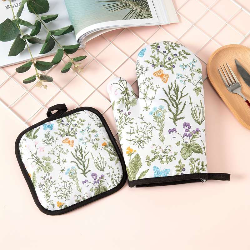 2pcs Daily Kitchen Baking Cooking Anti-Scalding Gloves Heatproof Pads Pot Mat Set Floral Pattern