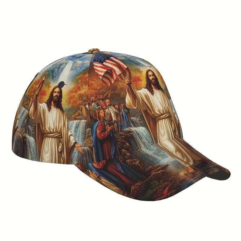 1pc Adjustable Polyester Baseball Cap Jesus and American Flag Print Curved Brim Sports Running H