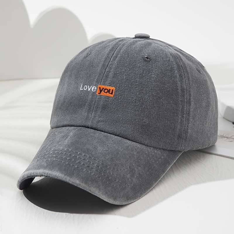 1pc Love You Embroidered Baseball Cap Vintage Gray Adjustable Fit Sun Protection Polyester