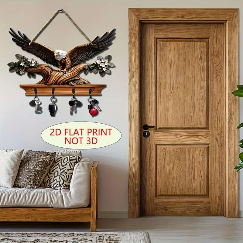 1pc Traditional Eagle Wall Mount Key HolderEasy Install Wooden Base with 4 Metal Hooks Decorati