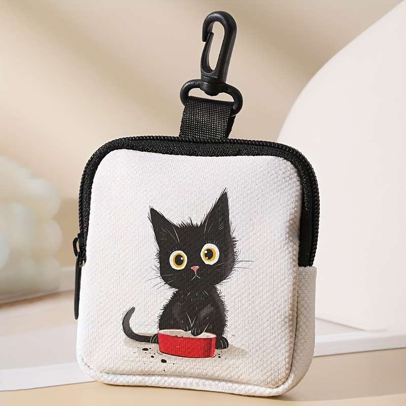 1pc 1-Pack Polyester Coin Purse with Cute Waiting Cat Print Large Capacity Zippered Pouch for Head