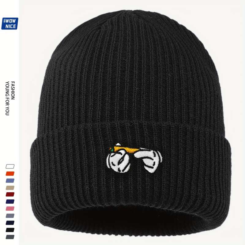 1pc Rendy Leaf Embroidered Acrylic Beanie Unisex Cartoon Cigarette Design Knit Skull Cap Lightwei