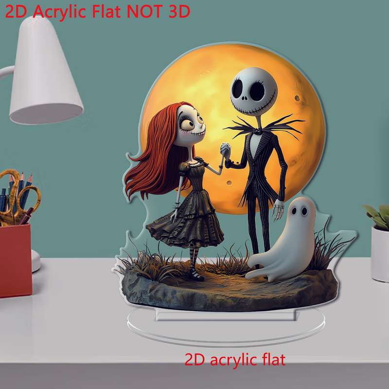 1pc 2D Flat  Jack and Sally  Acrylic Desktop Decor Artistic Flat Figure Display with Moonlit Ba
