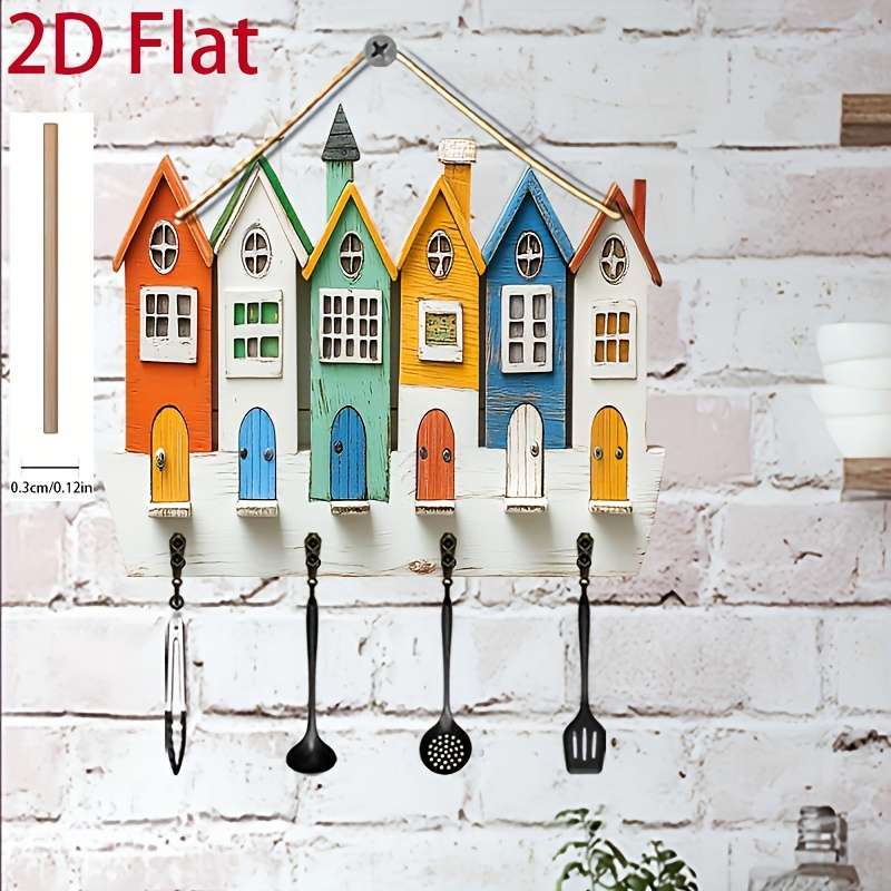 2D/Flat 1pc Colorful House Simple and Colorful Wooden Home Key Hanger with Four Metal Hooks 2D/Fla