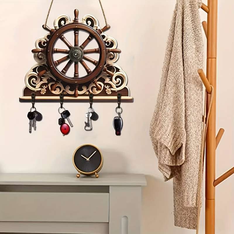 1pc Nautical Rudder Wall Key Holder with 4 Metal Hooks Manufactured Wood Hanging Storage General F
