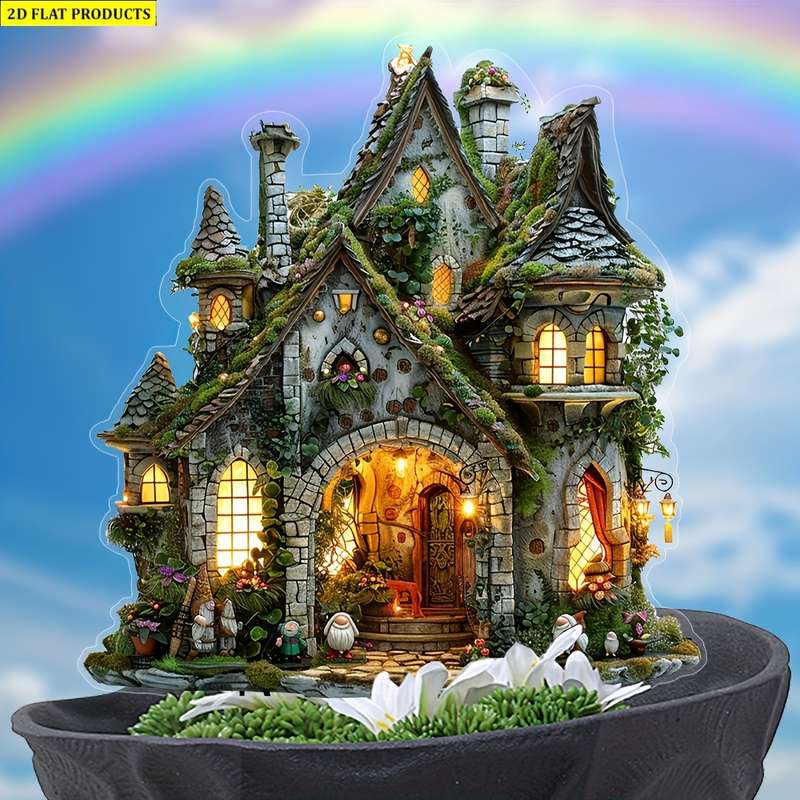 1pc 2D Flat   Enchanted Fairy Tale Cottage Garden Planter Rustic  Acrylic Outdoor Deco