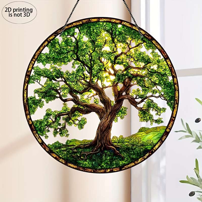 1pc 2D Flat     Printing Oak Tree Suncatcher Colorful Window Hanging Acrylic Sign G