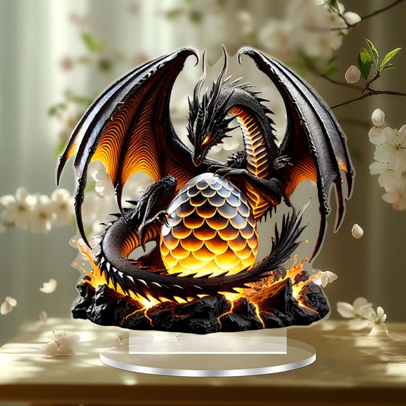 1pc 2D Flat    Acrylic Decorative Plaque Statue Majestic Black Dragon with Fiery Egg
