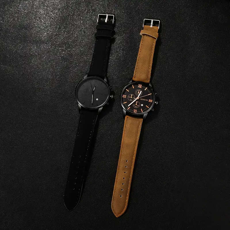 2-Piece Luxury Men's Leather Strap Quartz Watch Set with Calendar  Perfect Gift