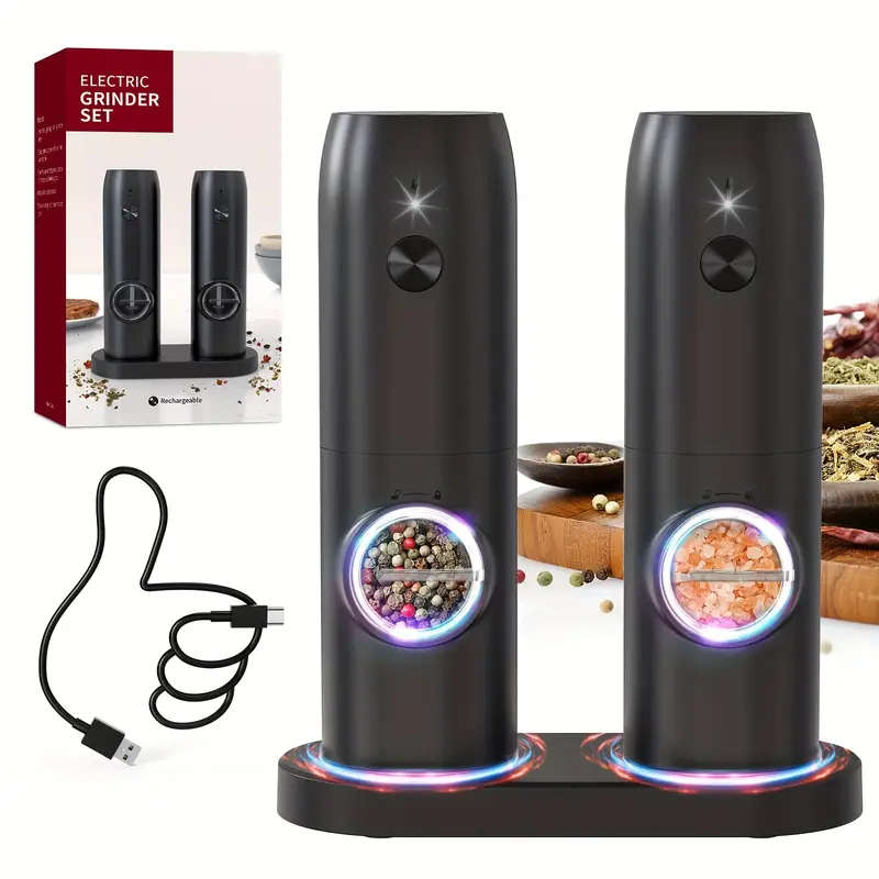 Electric Salt and Pepper Grinder Set Rechargeable Adjustable Coarseness One-Hand Operation Dual Char