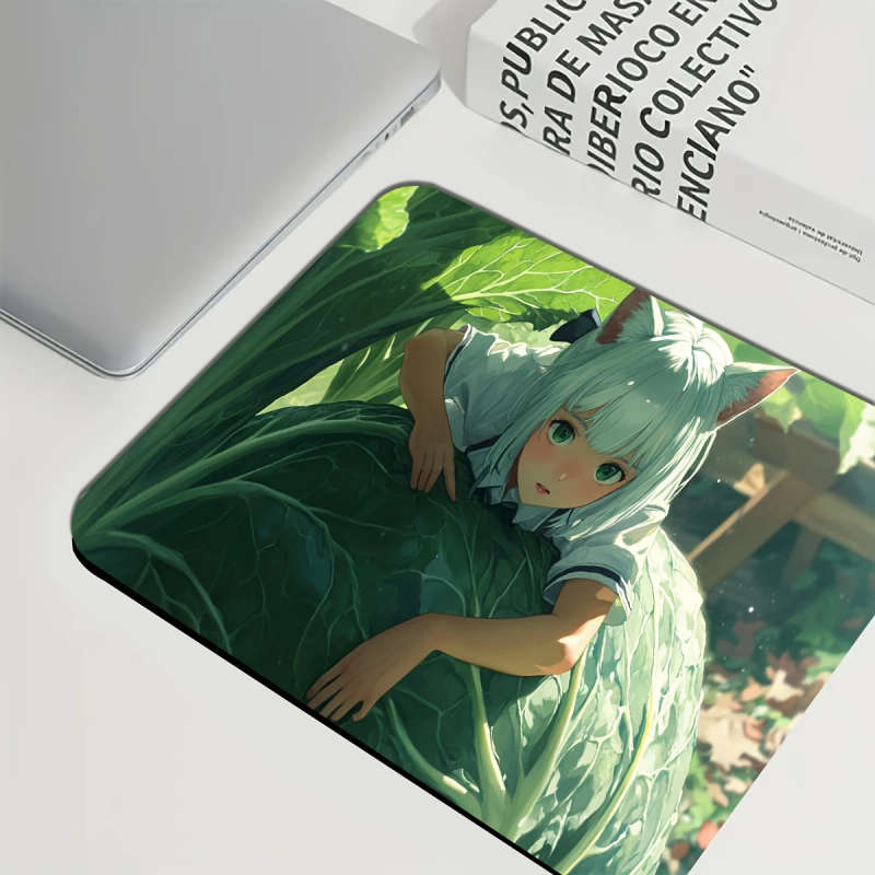 1pc 21x26cm Anime-Style Mouse Pad with Cute Girl in Green Leaves Design