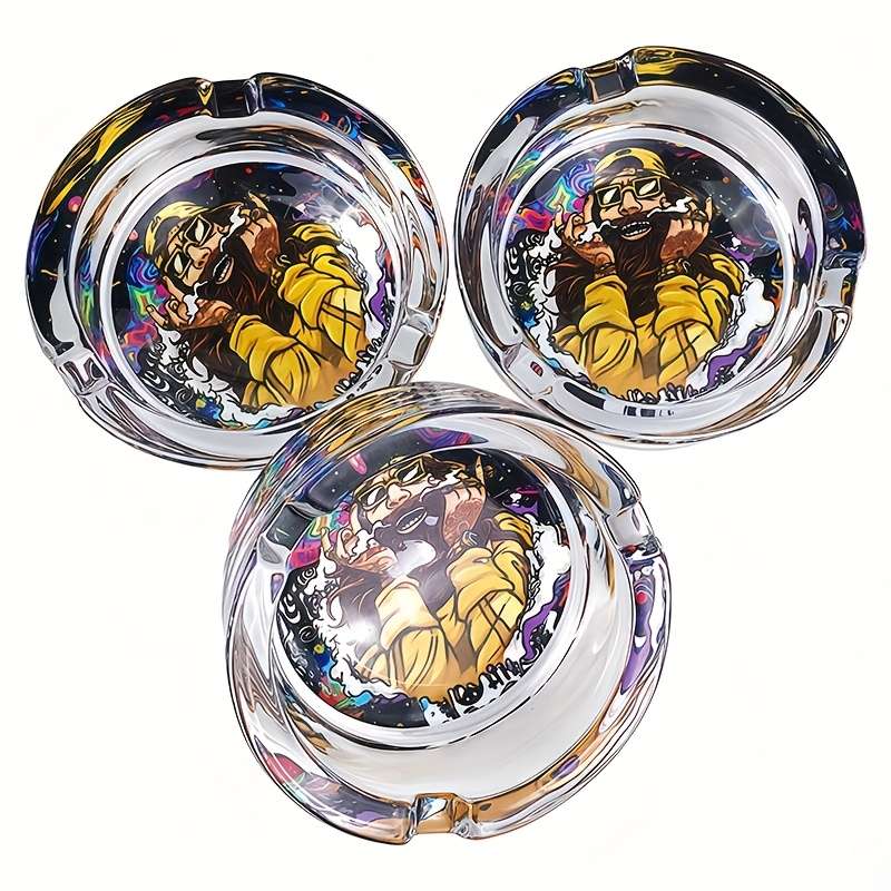 1pc 85mm Round Glass Ashtray with Vibrant Psychedelic Art Design Durable Transparent Ideal for