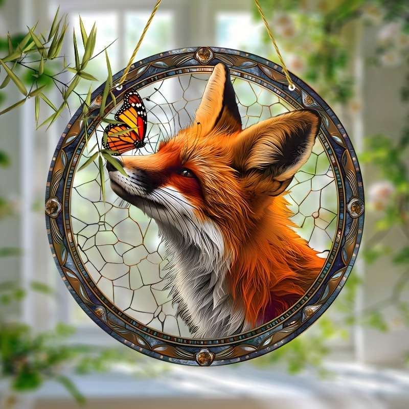 1pc 2D Flat  Charming Fox Light Trap Stained-glass Window Hangings Perfect for Autumn and Cou