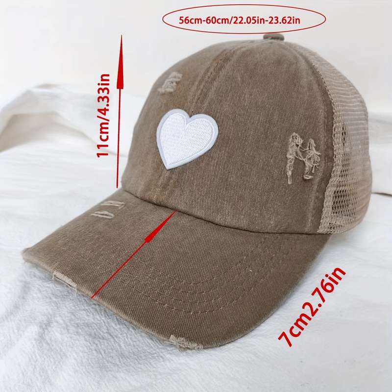 1pc Adjustable Women's Baseball Cap with Ponytail Hole Distressed Black Mesh Trucker Hat with Hear