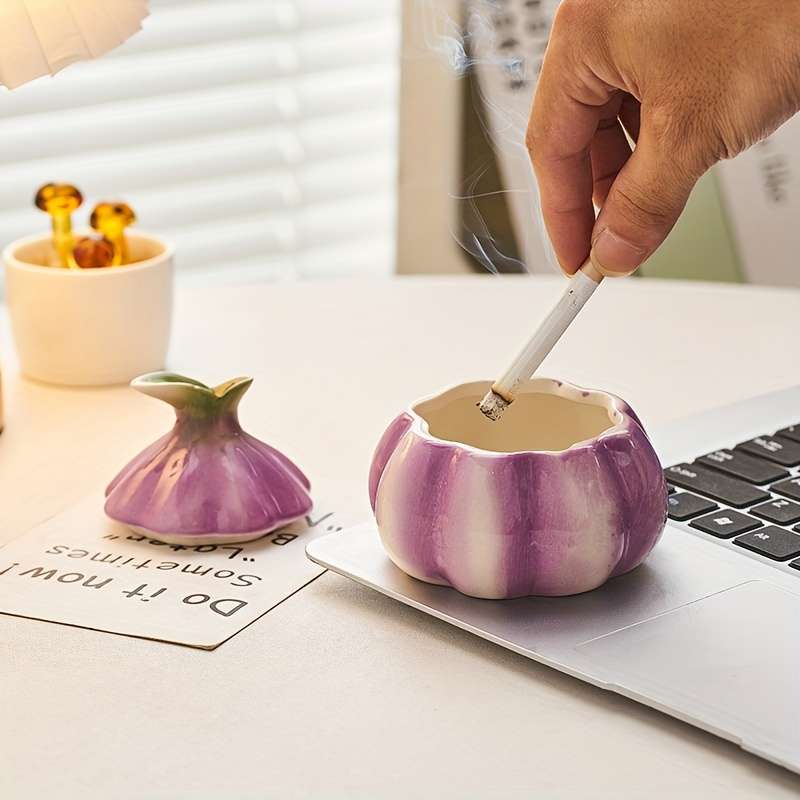 1pc Art Deco Style Garlic-Shaped Ceramic Ashtray Round Home Decor Trinket Simple Design No E