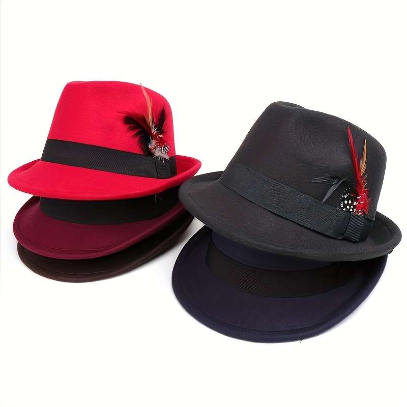 1pc Unisex Classic Cotton Blend Fedora Hat with Feather Breathable Short Brim Felt Panama Dress Ca