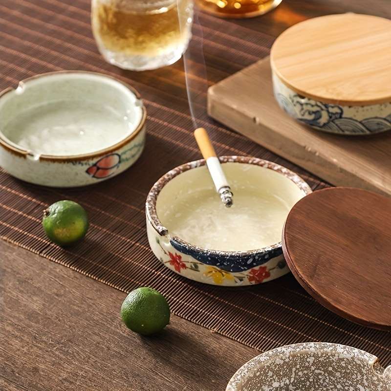 1pc Rustic Ceramic Ashtray with Lid Round Smoke Ashtray for Home Living Room Hotel Restaurant