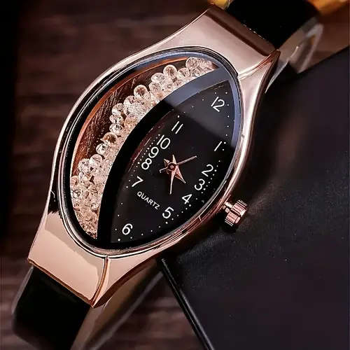 1pc Elegant Black Quartz Watch with PU Leather Strap Zinc Alloy Hands Dial Non-Rechargeable Button B