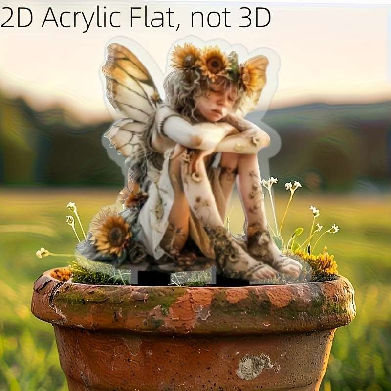1pc 2D Flat  Charming Sunflower Fairy Garden Stake Bohemian Outdoor Decor with Whimsical Fairy S