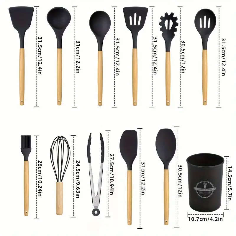 12Piece Silicone Cooking Utensil Set with Wooden Handles and Storage Bucket Non-Stick Kitchen Spatul