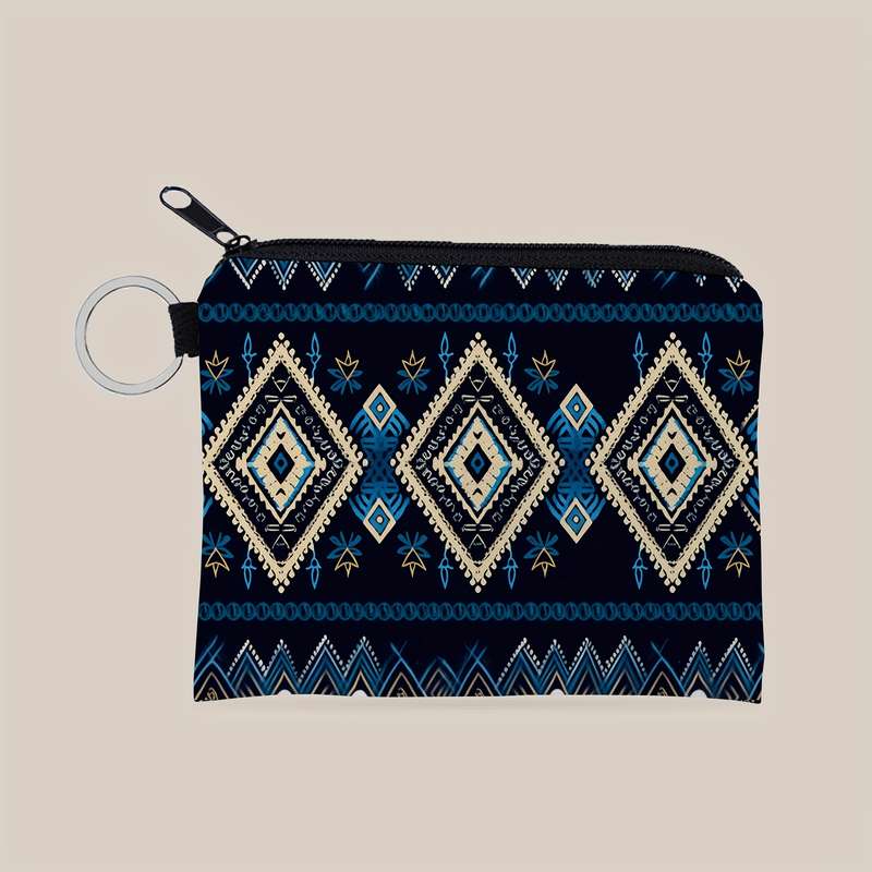 1pc SWEET Aztec Pattern Compact Purse Blue Black Geometric Design Zippered Small Wallet wi