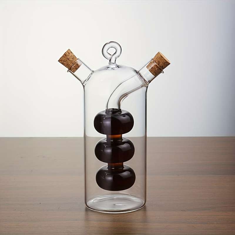 1pc 2-in-1 Glass Olive Oil and Vinegar Dispenser with Cork Stopper Clear Kitchen Container Dual