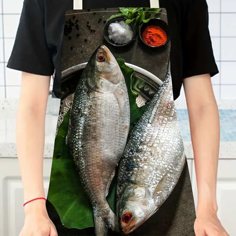 1pc Linen Chef Apron with Fish Design Durable Woven Kitchen Apron for Cooking and Gardening E