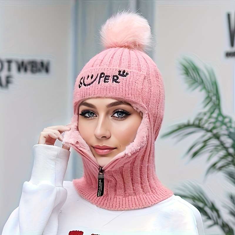 1pc Warm Elastic Knitted Winter Beanie with Pom Pom and Zipper for Women