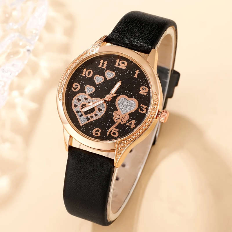 4pcs set Women's Fashion Quartz Watch Black PUPU Leather PU Leather Rhinestone Necklace Earrings Rin