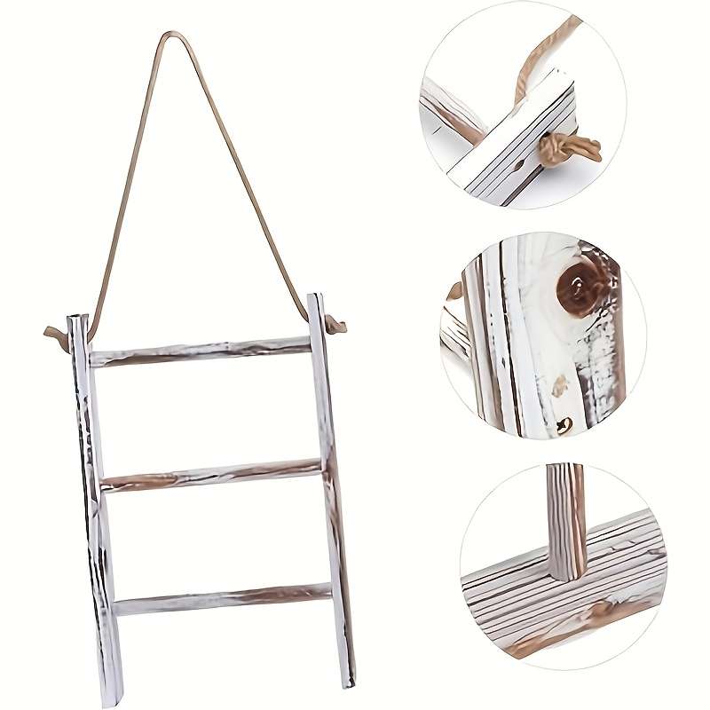 1pc Bohemian Rustic White-Washed Wooden Towel Ladder 3-Tier Wall-Mounted Bathroom Kitchen S
