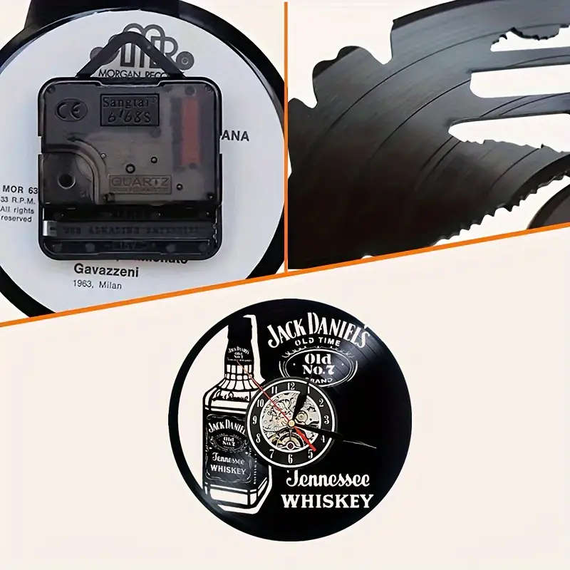 1pc Jack Daniels Vintage Whiskey Themed Silent Wall Clock Round Vinyl Record Design Battery Operated