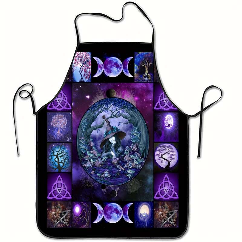 1pc Mystical Moon Phases Collage Printed Sleeveless Polyester Apron Vibrant Purple Black Blue