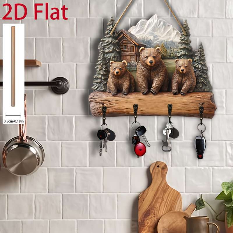 2D Flat 1pc Bear Family Simple Colorful Wooden and Home Key Hanger with Four Metal Hooks 2D Flat W