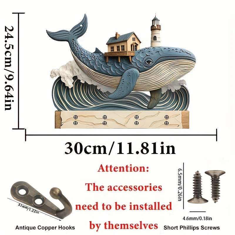 1pc animal theme whale home wooden key hanger key storage with hooks four-season multi-functional