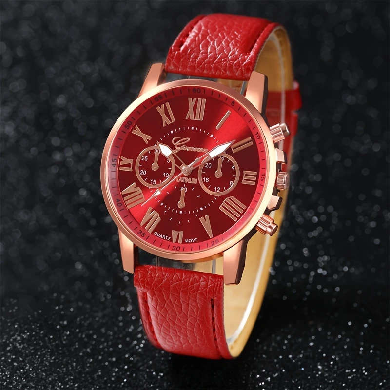 1pc Fashion Quartz Watch Rose Golden Accents White PU Leather Strap Round Dial with Black Numerals