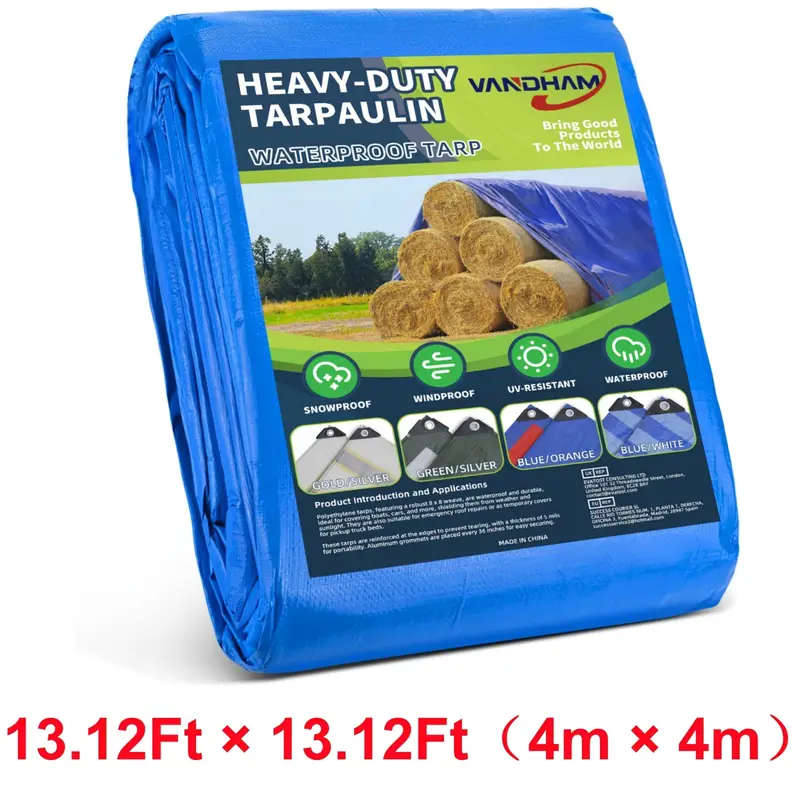 1pc 14 Mil Heavy Duty Tarpaulin 4x4m Waterproof UV Resistant PE Material with Reinforced Grommets