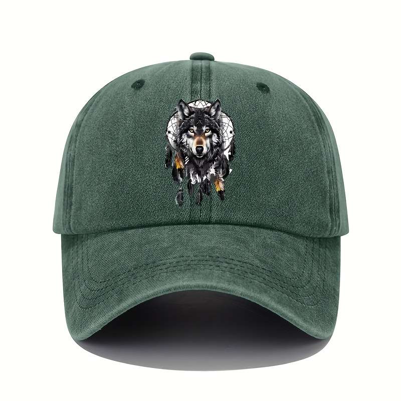 1pc Vintage Washed Cotton Baseball Cap with Wolf Totem Print Adjustable Sun Protection Hat for Al