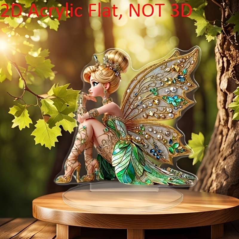 1pc 2D Flat  Acrylic Fairy Figurine with Sparkling Crystals Pearl Accents Elegant Bohemian